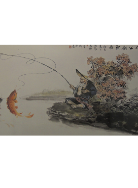 姜太公钓鱼客厅茶室喷绘自粘墙画
