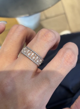vintage中古拉丝戒指复古满钻气质高级感轻奢珠边蕾丝竹节排戒女