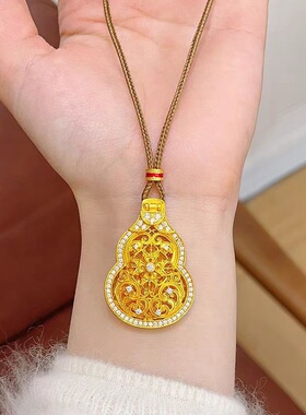 金店同款古法沙金新中式轻奢花丝葫芦佛佑平安吊坠可开合项链批发