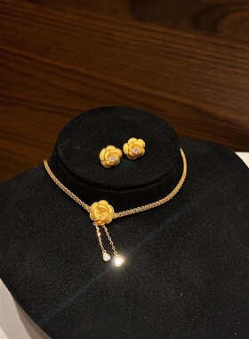 法式复古宫廷风拉丝山茶花流苏项链颈链choker镶钻玫瑰花