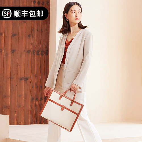 令人心动的offer迪丽热巴同款七月夏卡尔通勤OL帆布大容量牛皮包 - 图2