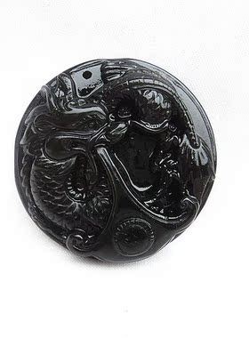 水晶天然黑曜石龙牌吊坠