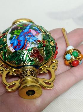 仿古藏族景泰蓝麒麟夜光鼻烟壶古玩手工艺品铜双面内画烟具