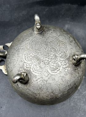 古玩杂项收藏仿古鎏银花开富贵碗家居装饰品铜器复古手工艺民俗