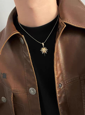 金色八芒星镶钻设计吊坠项链个性太阳花锁骨链精轻奢时尚OL颈链
