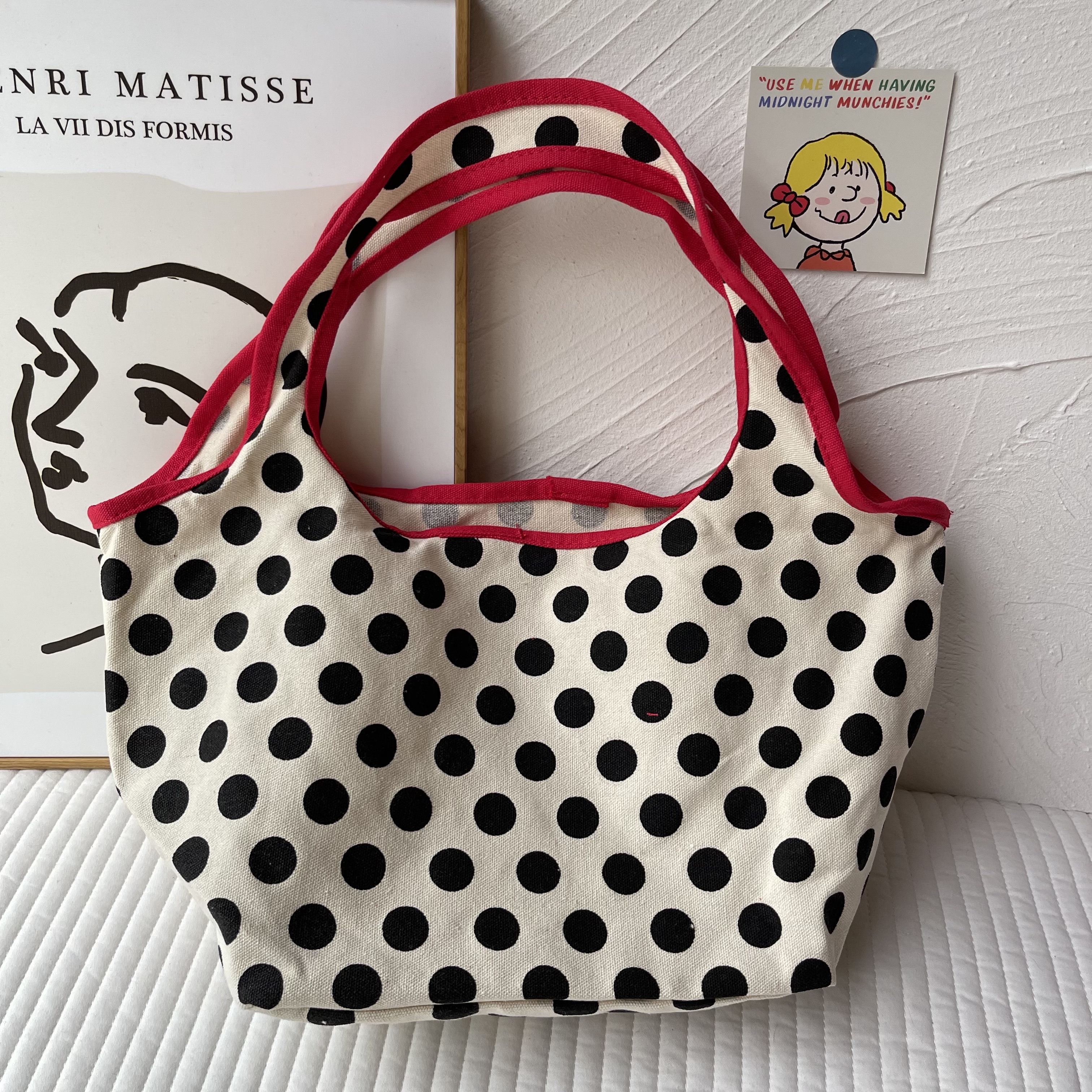 ins日系风休闲拼接撞色百搭时尚波点单肩手提帆布包饭盒袋 - 图2