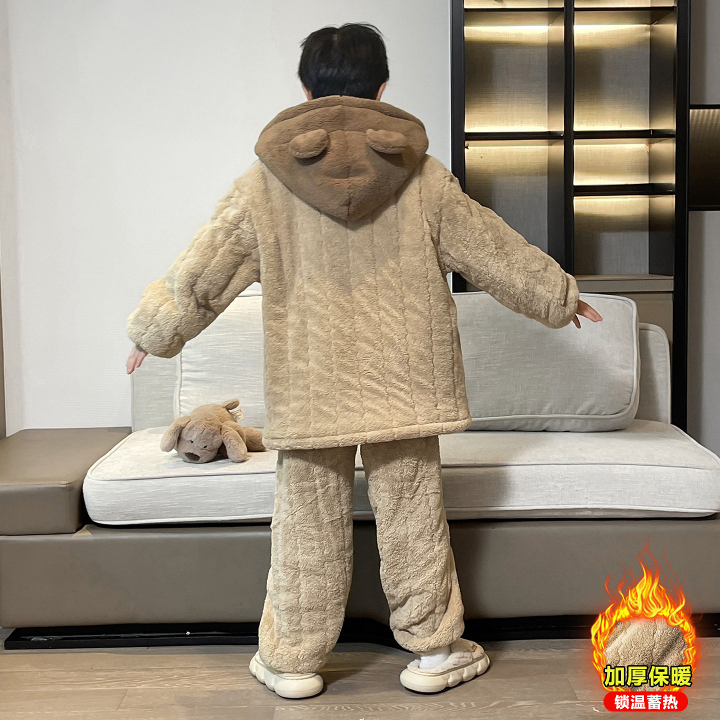 男童珊瑚绒睡衣冬季加厚保暖连帽家居服套装青少年加绒空调服外穿,淘宝优惠券,粉丝福利购,淘宝优惠卷