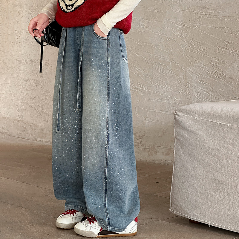 春秋女童阔腿牛仔裤烫钻洋气2026新款中大童百搭时尚长裤秋冬裤子,淘宝优惠券,粉丝福利购,淘宝优惠卷