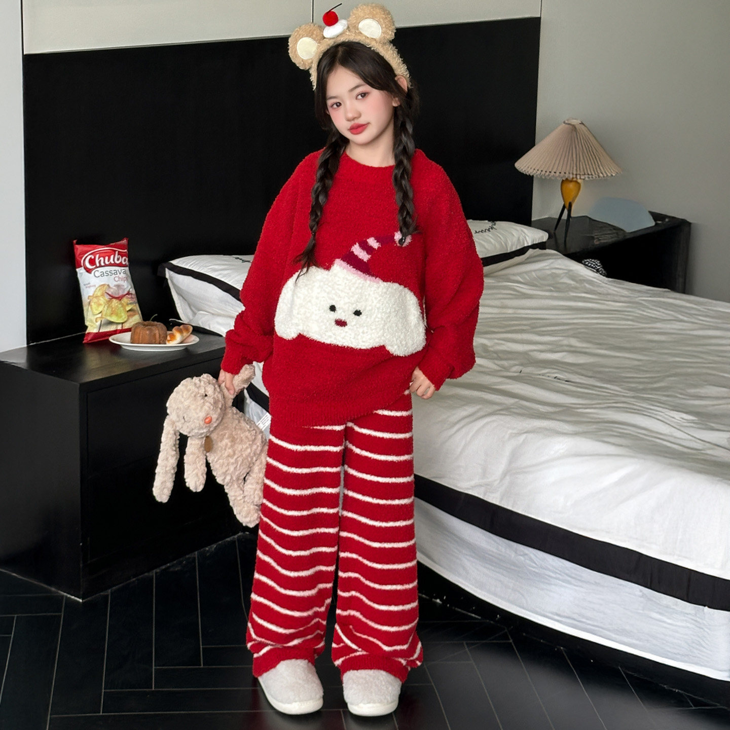 冬季儿童家居服女孩半边绒加厚保暖套装女孩红色法兰绒卡通睡衣潮,淘宝优惠券,粉丝福利购,淘宝优惠卷