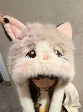 暹罗猫会动耳朵毛绒帽女冬季可爱加厚护耳帽网红拍照保暖雷锋帽子