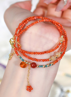 天然南红玛瑙黄发晶多圈手链时尚原创精致小巧女士款锁骨项链