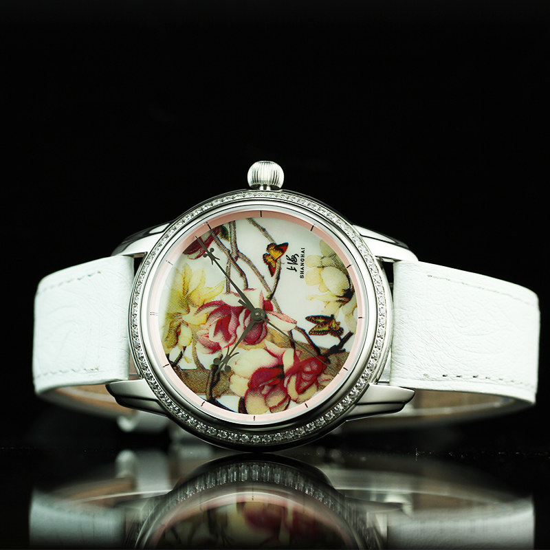上海牌全自动机械表 精钢透底 镶钻印画文化系列 白玉兰系列女表