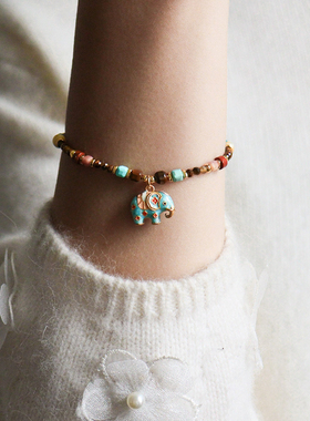 原创复古滴油小象虎眼石项链松石珍珠配饰女轻奢小众高级感锁骨链