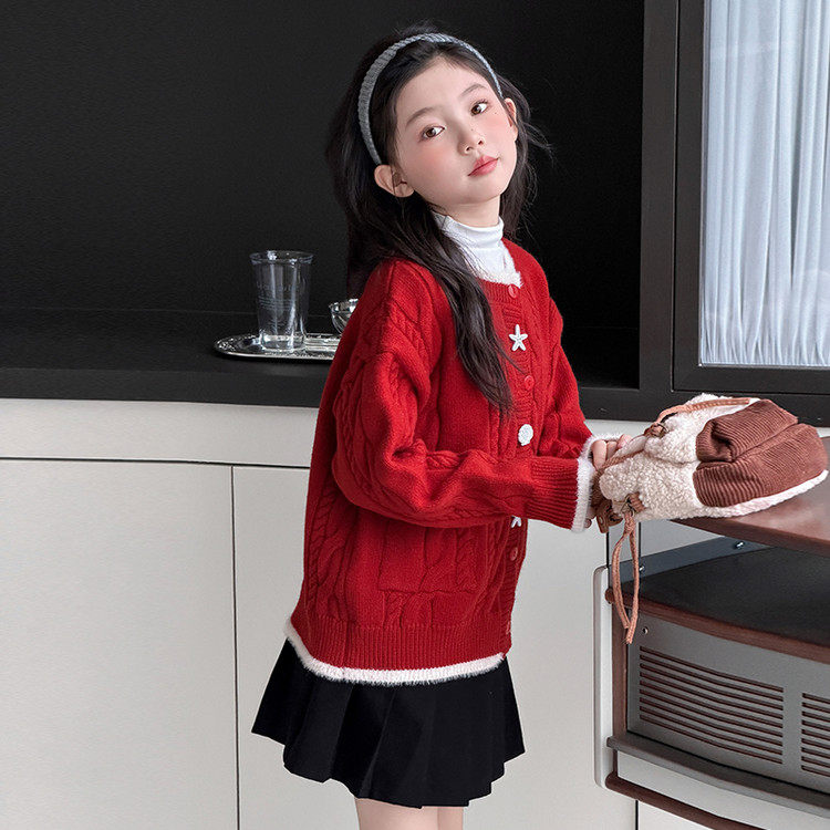 韩版女童红色提花开衫毛衣新年装百搭洋气儿童针织衫,淘宝优惠券,粉丝福利购,淘宝优惠卷