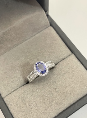 出口日本纯银镀铂金天然坦桑石开口戒指镶金品质全净体1.07克拉