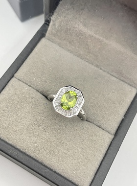 出口日本纯银镀铂金天然橄榄石开口戒指孤品宝石级全净体1.87克拉