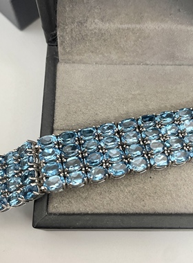 出口日本纯银镀铂金天然魔鬼蓝托帕石手链全净体宝石共65.48克拉