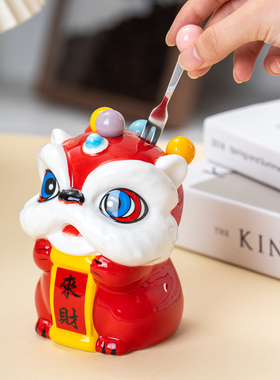 陶瓷醒狮收纳罐+304水果叉