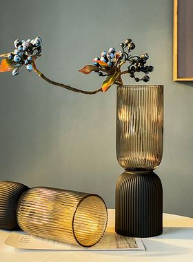 极简磨砂香槟玻璃花瓶设计师推荐软装饰品直筒插花艺摆件餐桌客厅