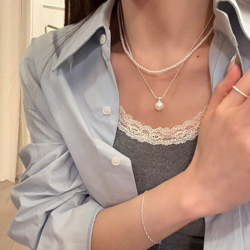 轻奢合集珍珠925纯银项链海蓝宝小众设计感锁骨链简约配饰女百搭 - 图0