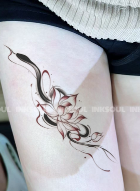 INKSOUL 纯欲锁骨新中式水墨灵蛇莲花纹身贴飘带腹部遮疤胸前防水