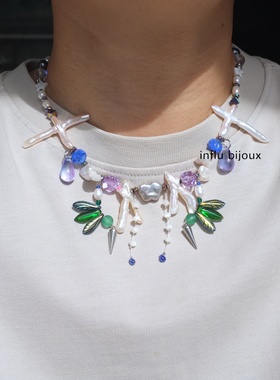 原创独立小众设计 十字架异形珍珠捷克琉璃 翅膀水滴项链
