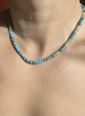 手工定制小众设计Une a une 蓝松石绿玉髓撞色天然石串珠玉石项链