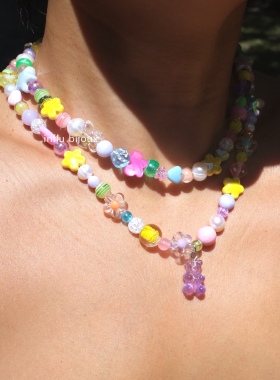 原创手作定制 马卡龙粉绿黄色系小熊星星混合材质可爱项链