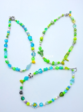 原创设计珍珠荧光绿lime neon green无性别熊猫琉璃鱼男项链情侣