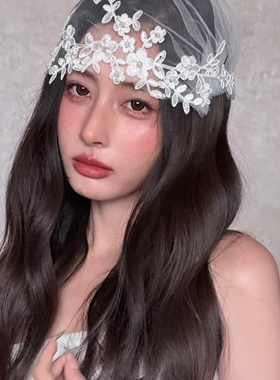 新娘结婚头纱蕾丝珍珠复古帽式帽纱婚纱摄影拍照道具样片头饰小众
