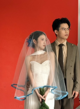 新娘结婚婚纱头纱蓝色花边多巴胺高级感头饰摄影拍照造型样片头饰