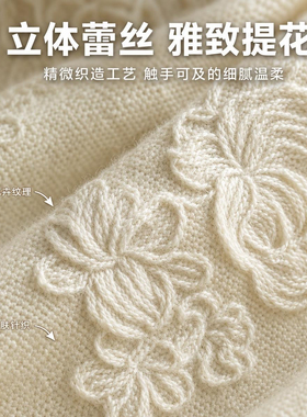 堆堆帽羊毛混纺毛线帽针织帽冷帽2026年新款白色蕾丝刺绣立体感