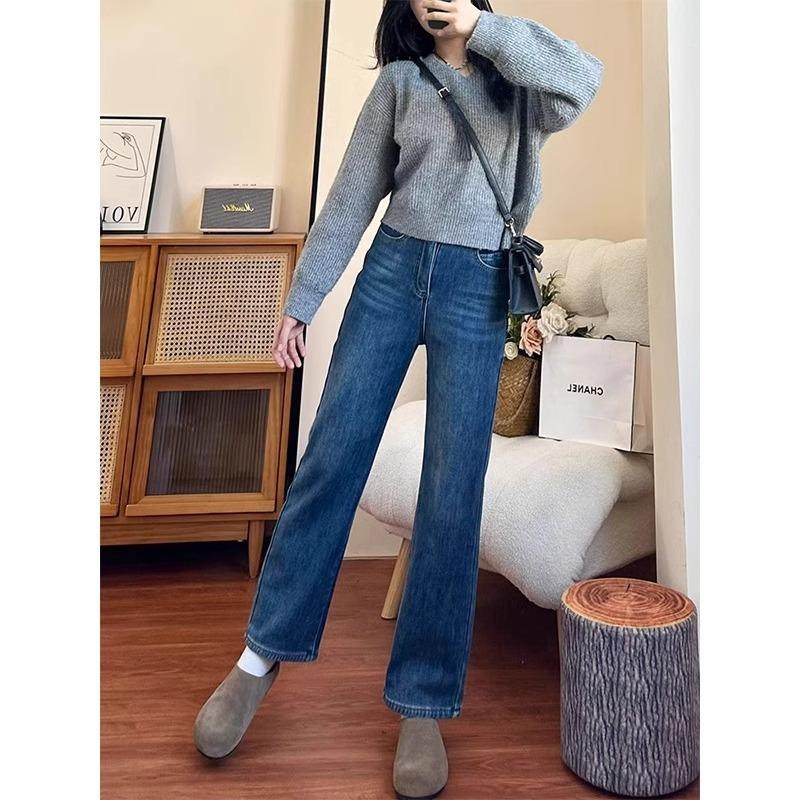 弹力直筒窄版牛仔裤女2025新款大码胖mm梨形身材蓝色显瘦阔腿裤子,淘宝优惠券,粉丝福利购,淘宝优惠卷