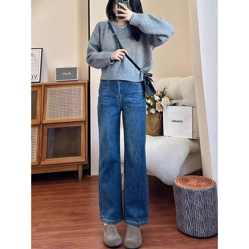 弹力直筒窄版牛仔裤女2025新款大码胖mm梨形身材蓝色显瘦阔腿裤子,淘宝优惠券,粉丝福利购,淘宝优惠卷