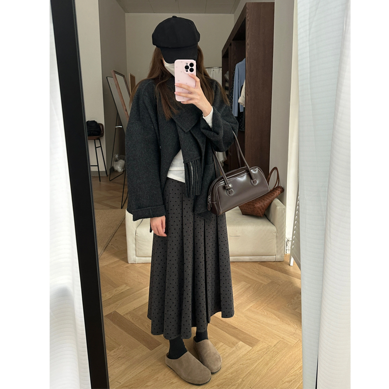 深灰色毛呢半身裙中长款大码女装秋冬胖mm梨形身材遮胯a字百褶裙 - 图1