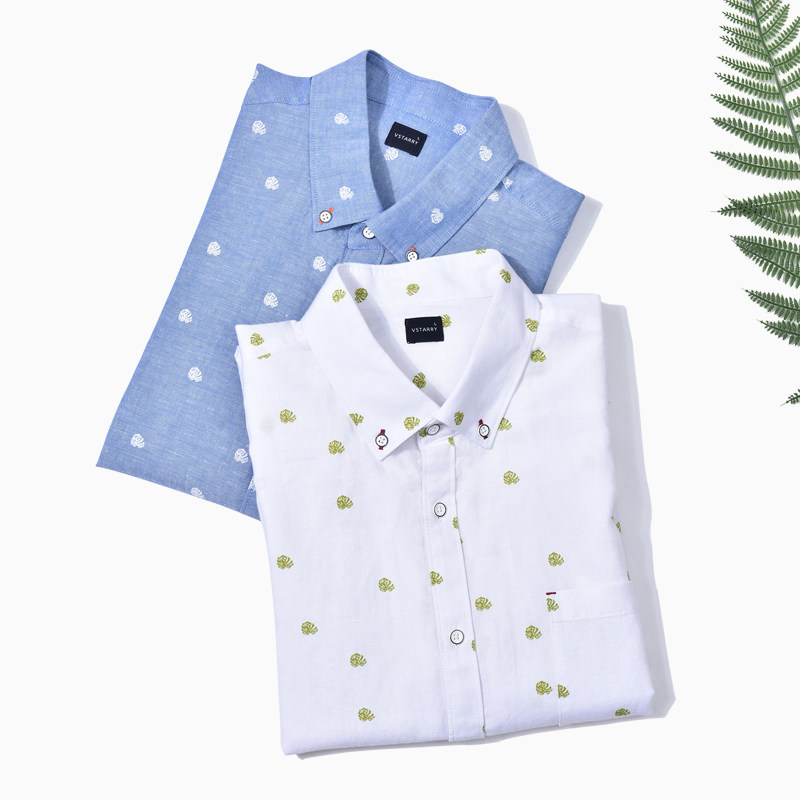 男士青年小清新潮流休闲亚麻白衬衫 vstarry衬衫