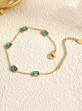 欧美跨境热卖款镶嵌祖母绿方形锆石手链真空镀金小众设计钛钢