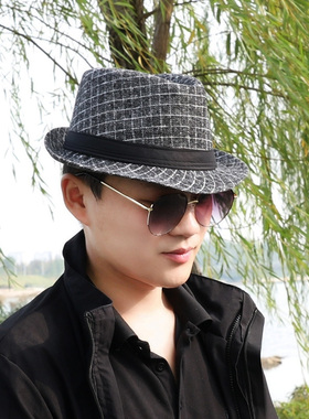 男士礼帽上海滩许文强同款英伦毛呢爵士帽中老年 毛呢格子