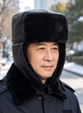 复古PU皮面雷锋帽男士冬季护耳帽东北严寒防寒棉帽子