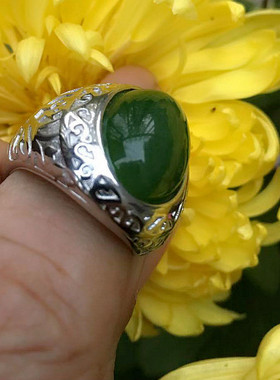 和田玉菠菜绿碧玉活口戒指指环男