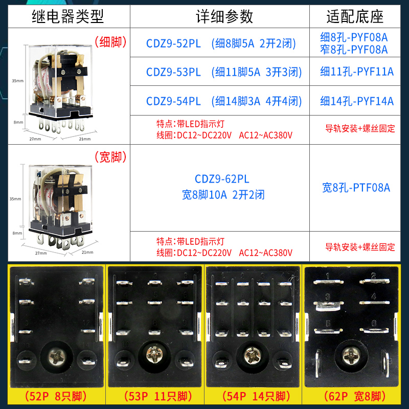 德力西CDZ9L-52P 53P 带灯 小型中间继电器CDZ9-52P PYF08A底座 - 图1