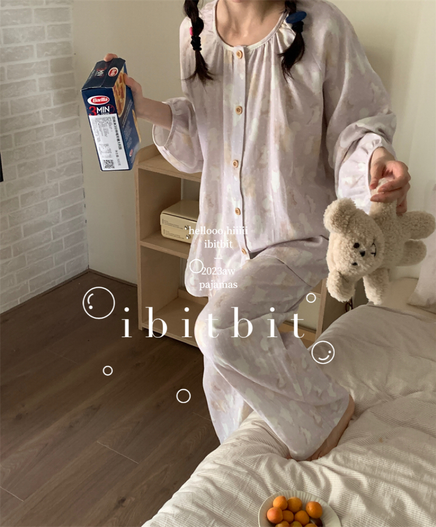 16色全棉双层纱布睡衣~四季韩ibitbit细棉纱圆领开衫长裤家居服女 - 图3