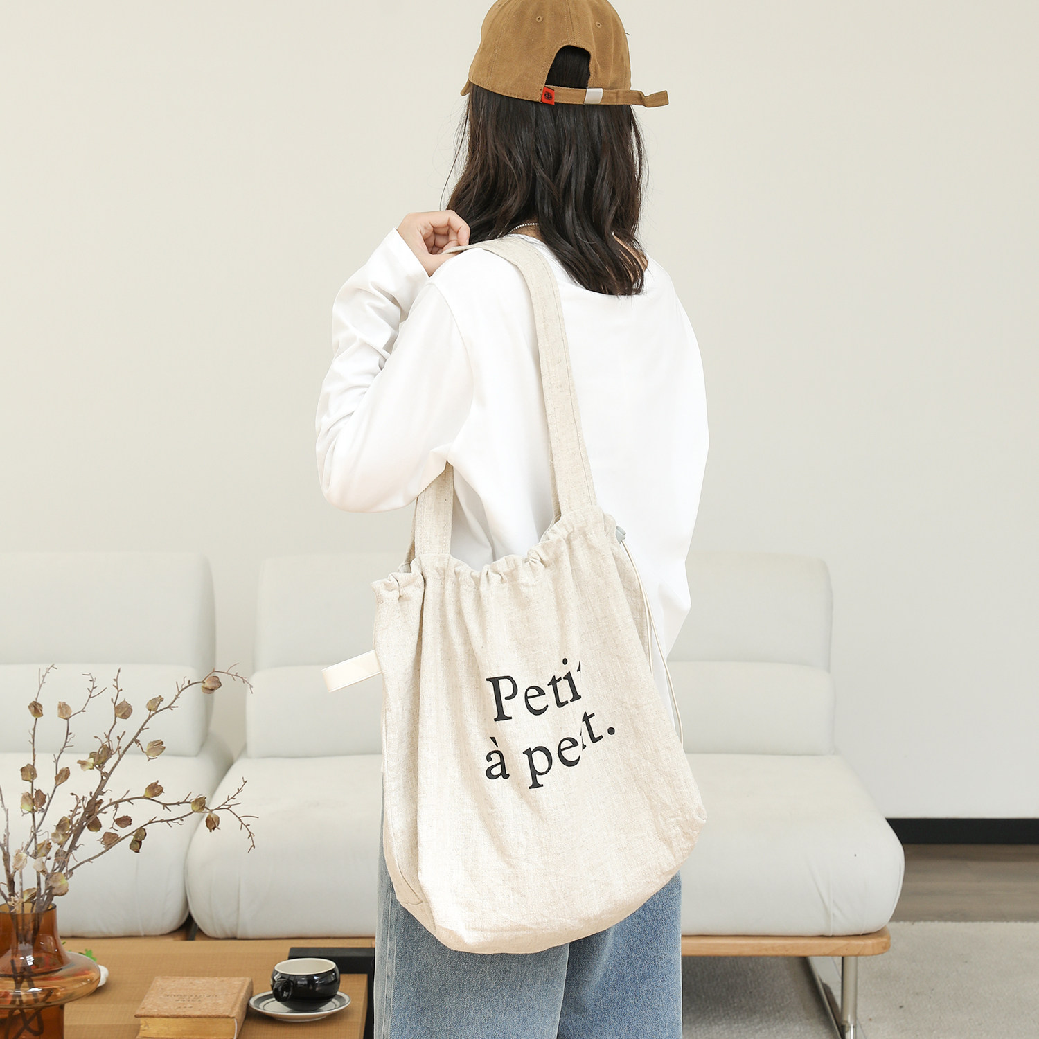 森系麻布包束口抽绳字母帆布包女托特单肩包质感麻布手提袋大容量,淘宝优惠券,粉丝福利购,淘宝优惠卷