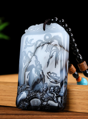 和田玉青花玉山水牌手把件