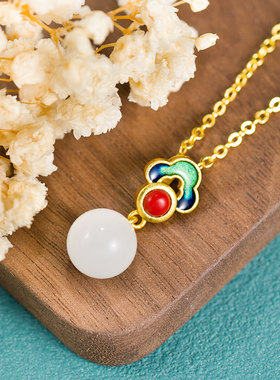 复古中国风祥云珐琅彩天然白玉髓锁骨链古风轻奢气质百搭项链