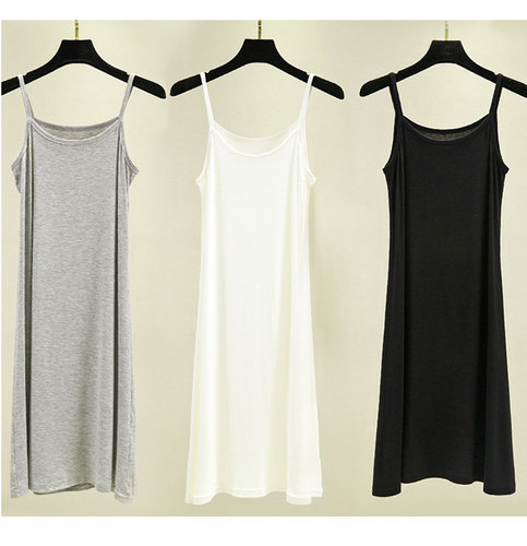 莫代尔女纯色春夏吊带连衣裙大码打底裙居家睡裙短中长无袖A字裙 - 图0