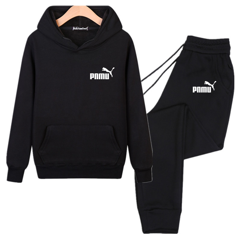 新款秋冬季纯棉连帽男套装帽衫休闲加绒卫衣卫裤两件套保暖束脚裤 - 图3