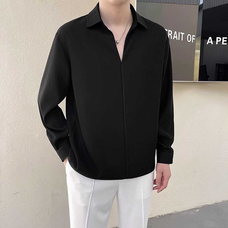 潮牌衬衫男长袖春秋季2024新款深V领高级感套头韩版潮流白色衬衣 - 图2