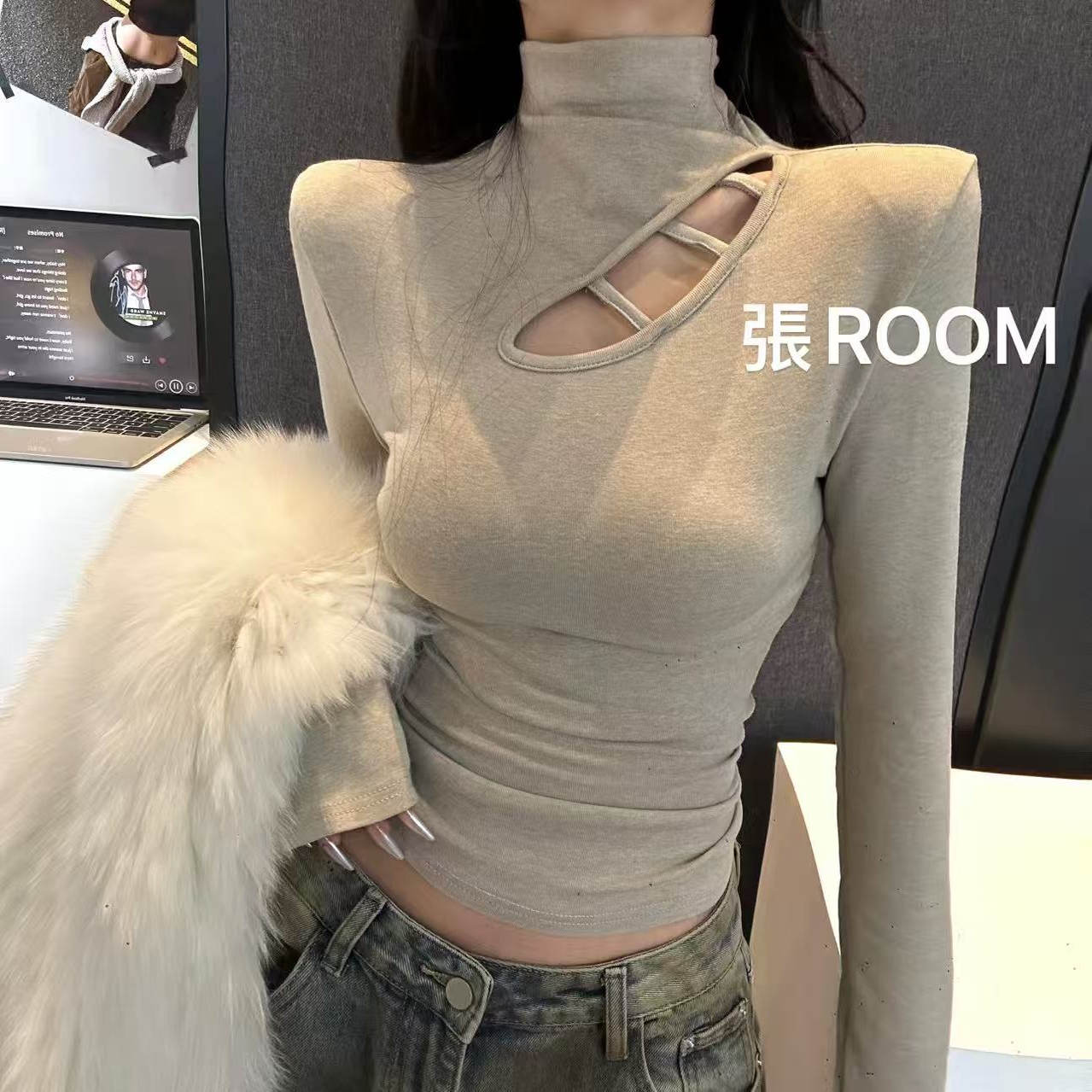 镂空心机纯欲性感修身上衣女秋冬加绒打底衫长袖半高领T恤内搭 - 图3