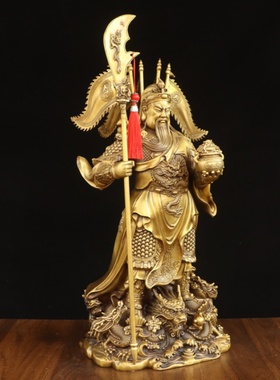 纯黄铜财神九龙关公立刀铜像摆件